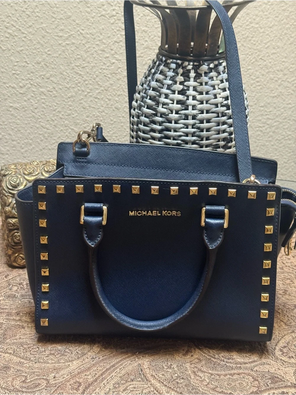Michael Kors Navy Saffiano Leather Stud Satchel with Gold Hardware